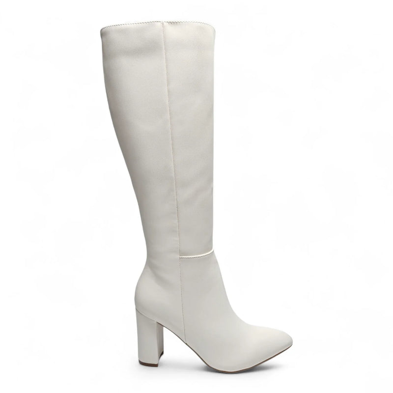 BRAZIL WHITE POINTED TOE KNEE HIGH BLOCK HEEL BOOTS