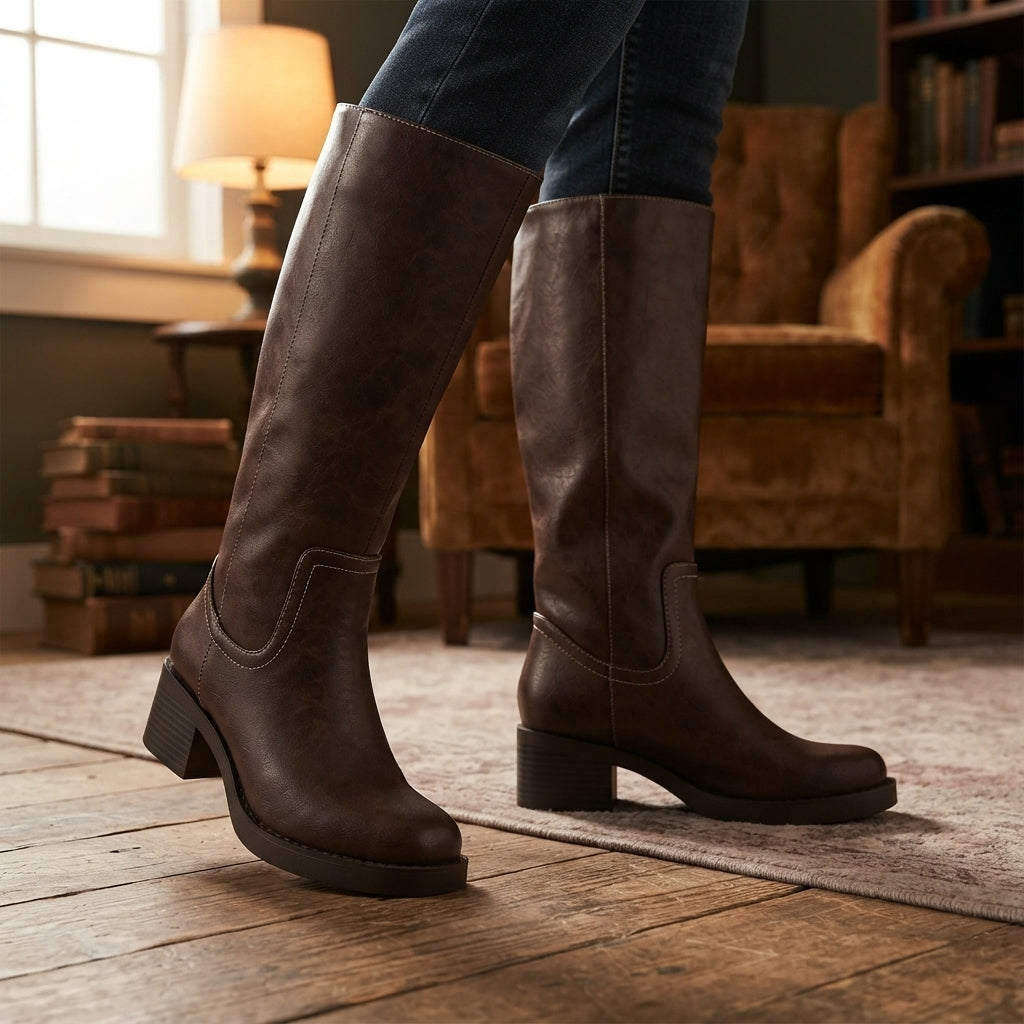 BELVIN WOMEN'S SQUARE TOE KNEE HIGH BLOCK HEEL BOOTS