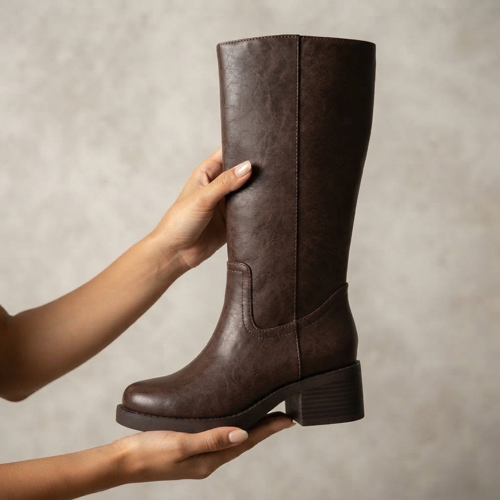 BELVIN WOMEN'S SQUARE TOE KNEE HIGH BLOCK HEEL BOOTS