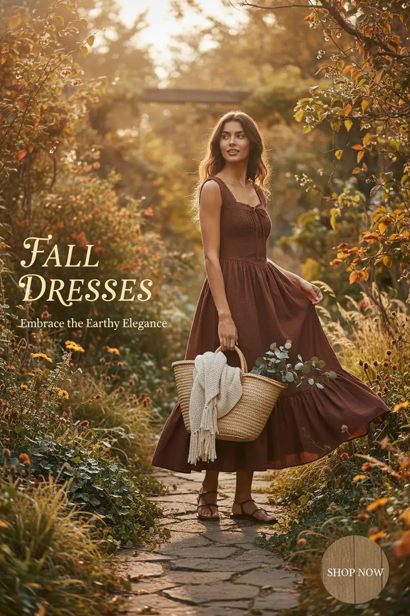Brown linen fall dress with a gathered waist and spaghetti straps.