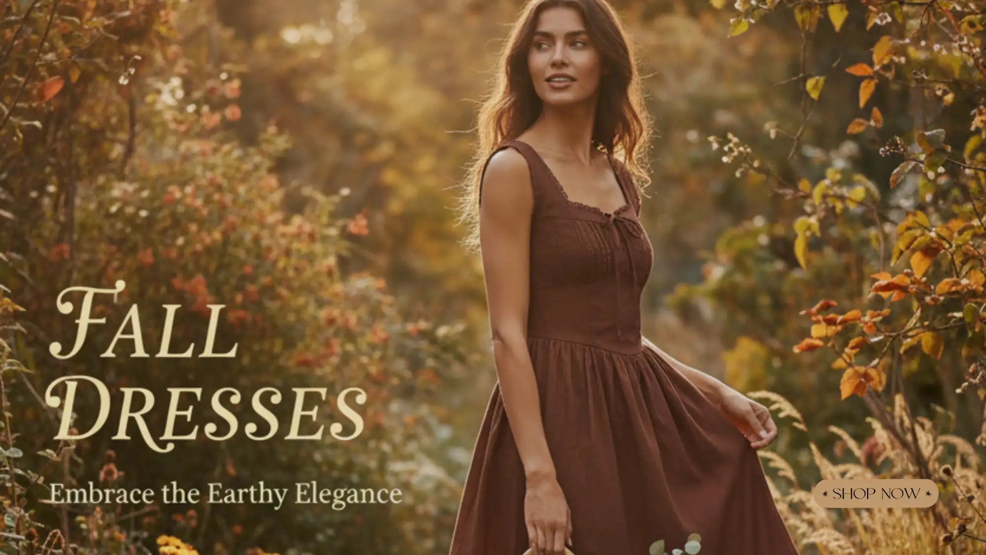 Brown sleeveless dress with a flared skirt and earthy elegance design.