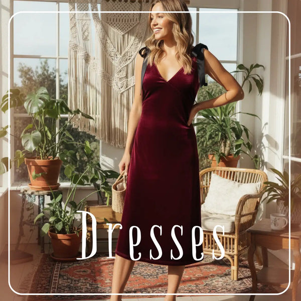 Burgundy velvet slip dress with black ruffled shoulders and a v-neckline.