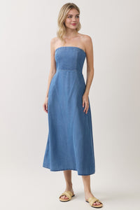 BACK SMOCKED TUBE TOP TENCEL DENIM MIDI DRESS