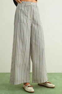 Stripe print pocket front pants in light gray navy white stripes