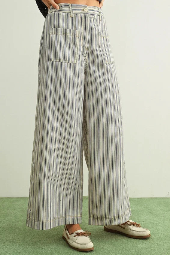 Stripe print pocket front pants in light gray navy white stripes