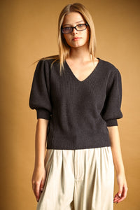 V-NECK WITH SHORT PUFF SLEEVE KNIT SWEATER