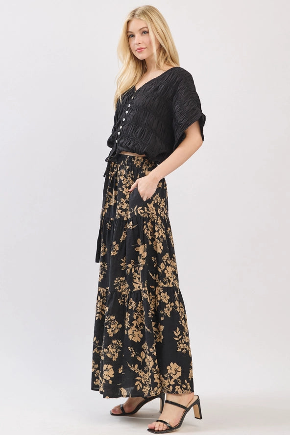 DRAWSTRING TIERED MIDI SKIRT