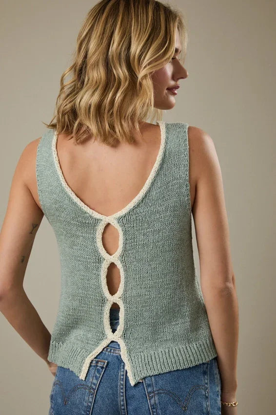 Round neck sleeveless knit tank top in light green with cream lace-up back