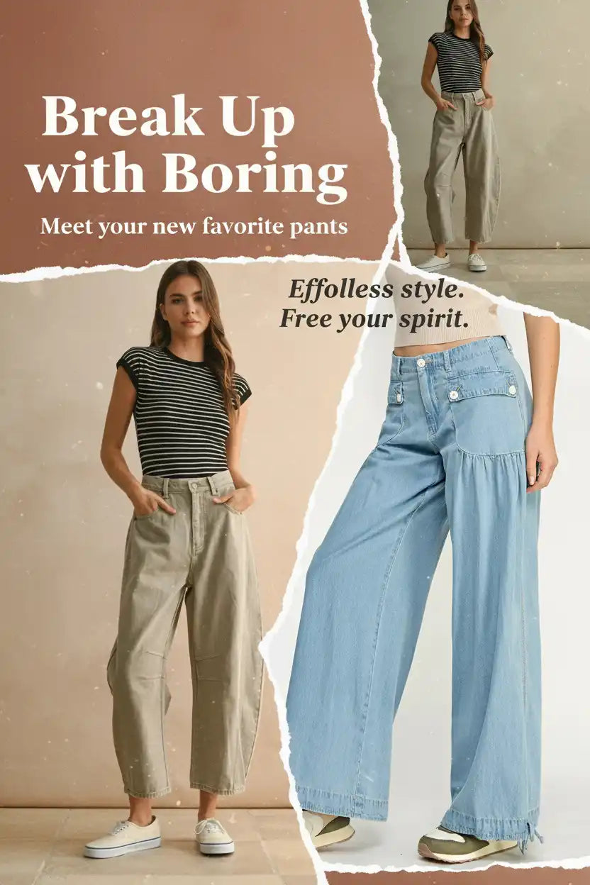 Collection of women’s wide-leg pants in various styles and colors.