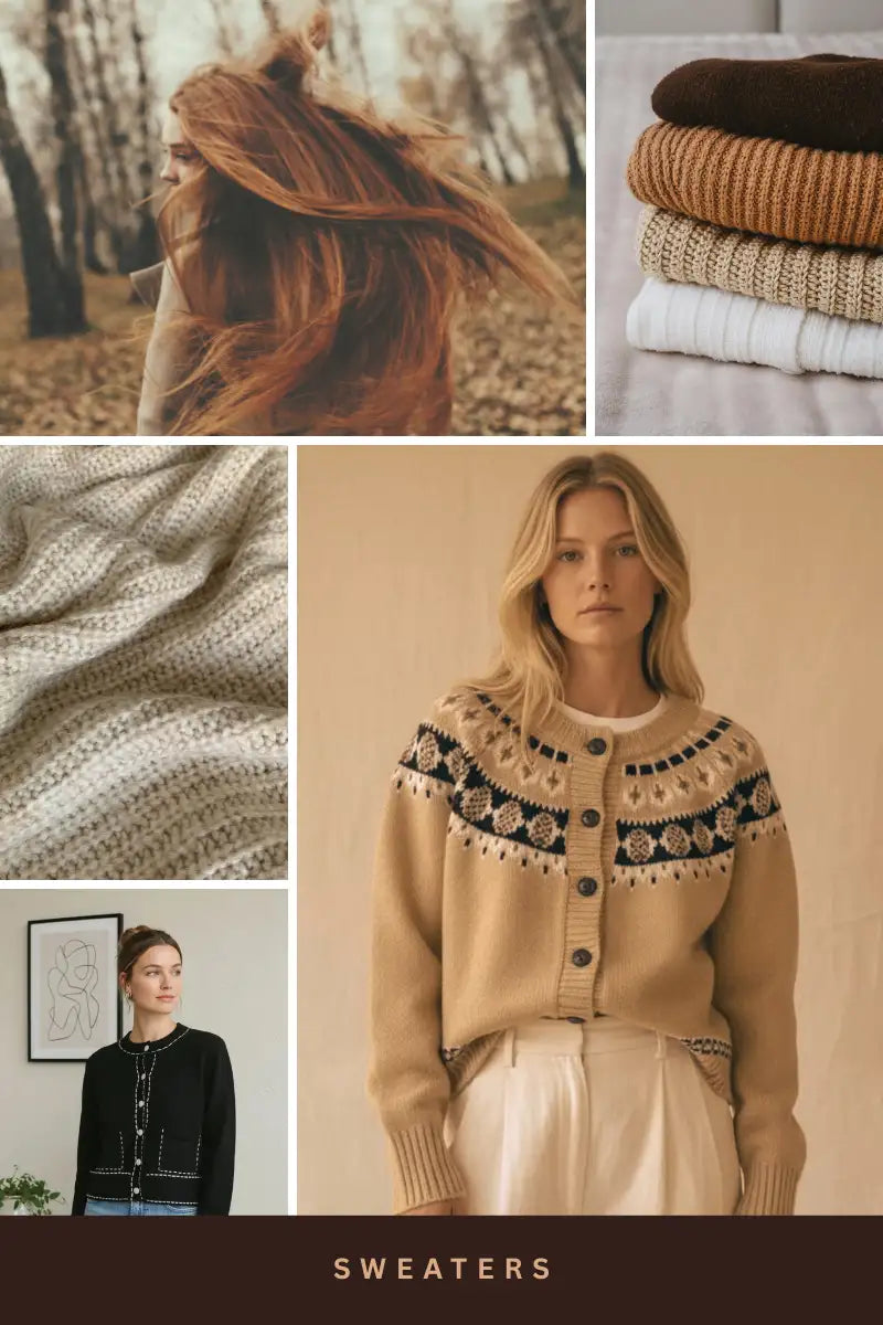 Beige knit cardigan with intricate black and cream patterned yoke.