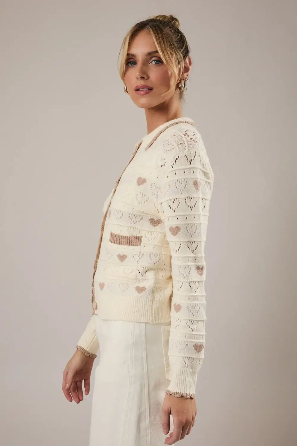 Perfect Valentines Day collared button heart cardigan in cream