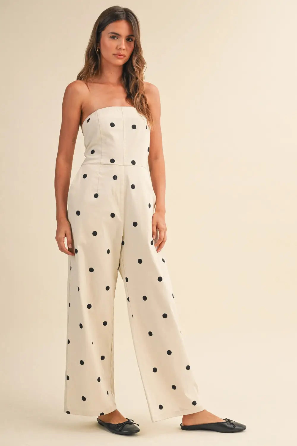 The jumpsuit that does it all: our polka dot strapless wide