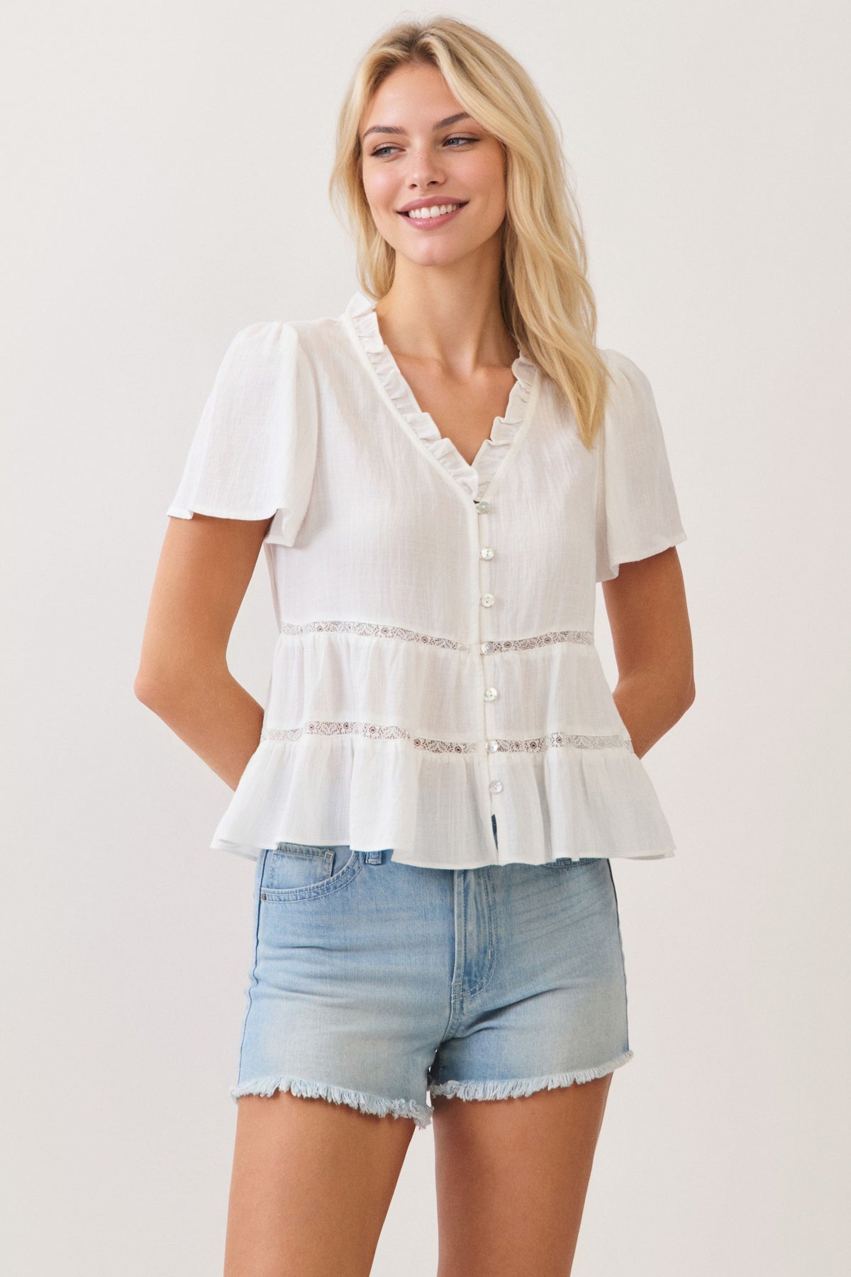 RUFFLE NECK TIERED BLOUSE
