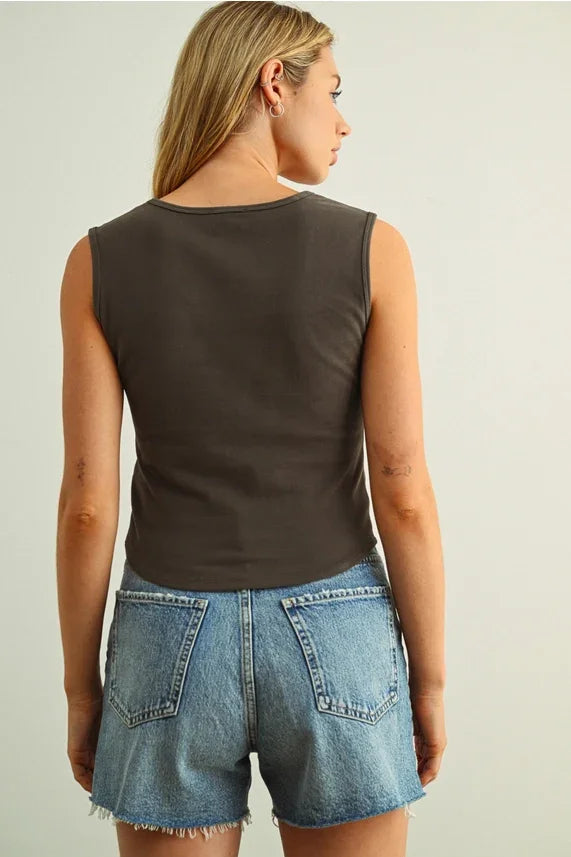 Square neck sleeveless basic top in dark gray with fitted silhouette