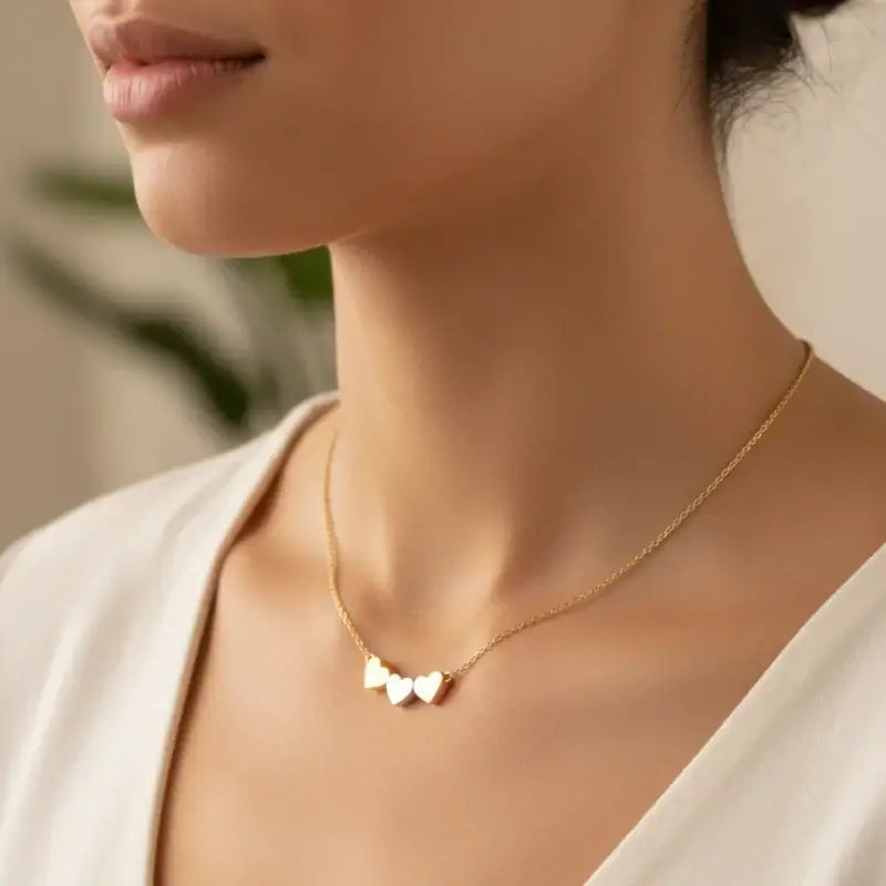 Three tone dainty hearts necklace with gold chain and white pendants for Valentine’s Day