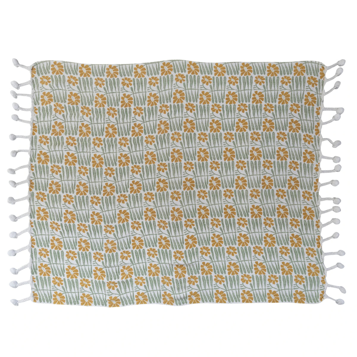 WOVEN RECYCLED COTTON BLEND PRINTED THROW W/ FLOWERS & BRAIDED POM POM