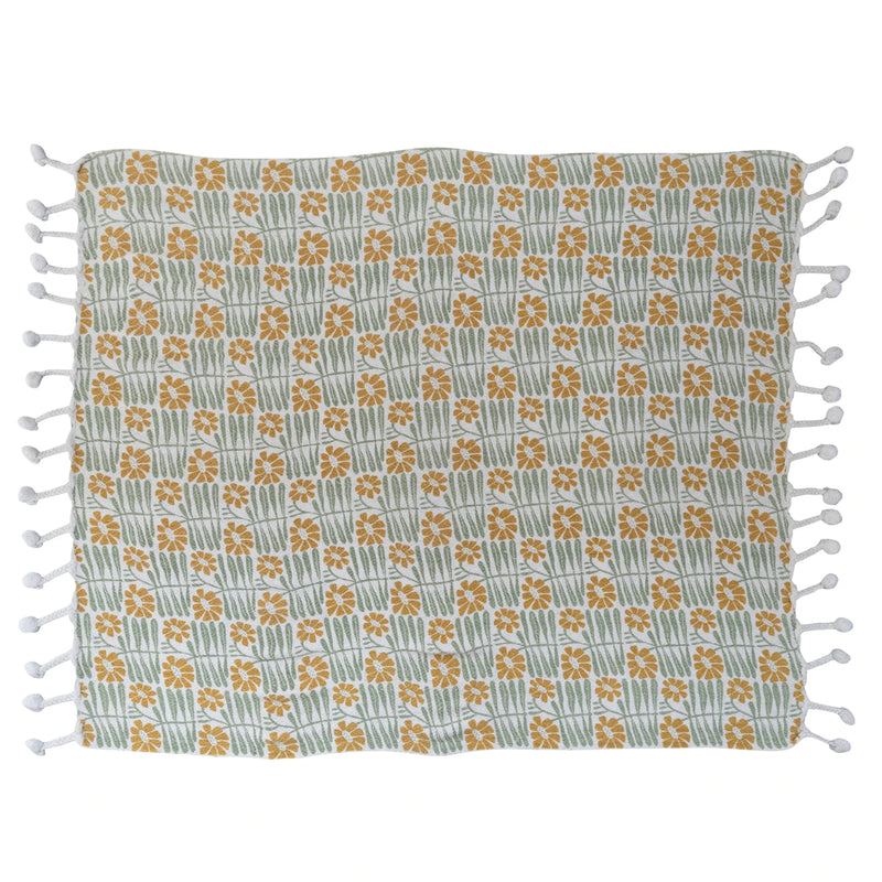 WOVEN RECYCLED COTTON BLEND PRINTED THROW W/ FLOWERS & BRAIDED POM POM