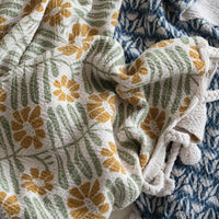 WOVEN RECYCLED COTTON BLEND PRINTED THROW W/ FLOWERS & BRAIDED POM POM