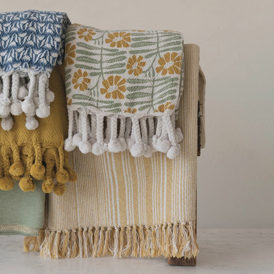 WOVEN RECYCLED COTTON BLEND PRINTED THROW W/ FLOWERS & BRAIDED POM POM