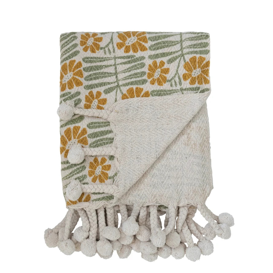 WOVEN RECYCLED COTTON BLEND PRINTED THROW W/ FLOWERS & BRAIDED POM POM