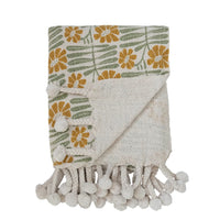WOVEN RECYCLED COTTON BLEND PRINTED THROW W/ FLOWERS & BRAIDED POM POM
