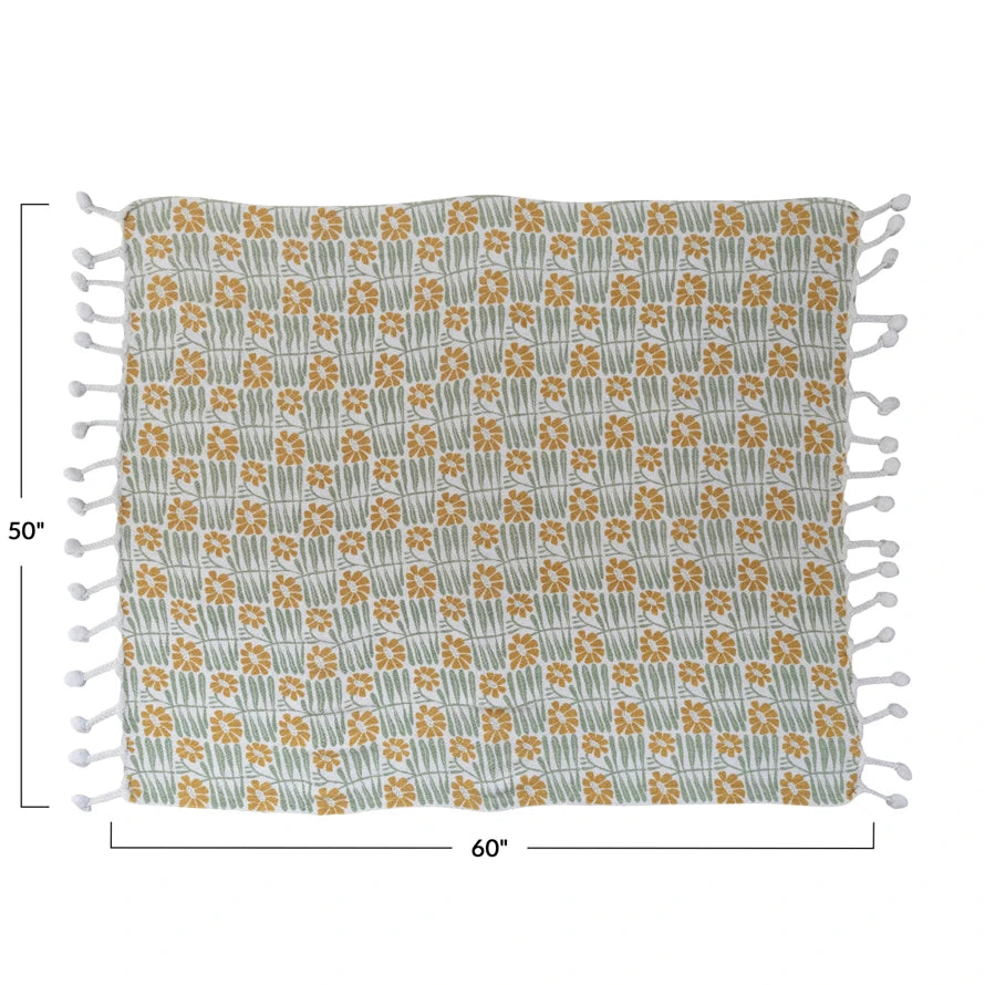 WOVEN RECYCLED COTTON BLEND PRINTED THROW W/ FLOWERS & BRAIDED POM POM
