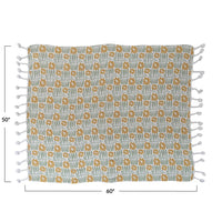 WOVEN RECYCLED COTTON BLEND PRINTED THROW W/ FLOWERS & BRAIDED POM POM