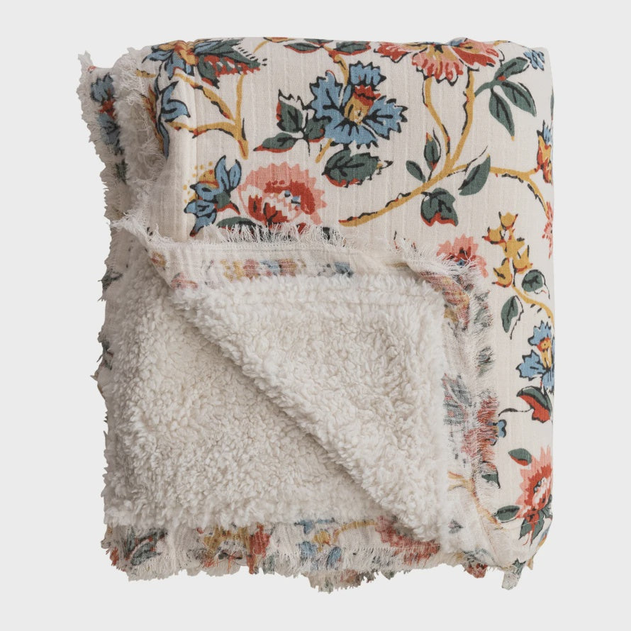 FLORAL COTTON THROW BLANKET WITH SHERPA BACKING & FRINGE