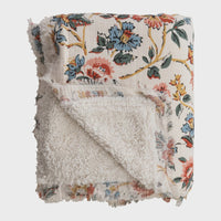 FLORAL COTTON THROW BLANKET WITH SHERPA BACKING & FRINGE