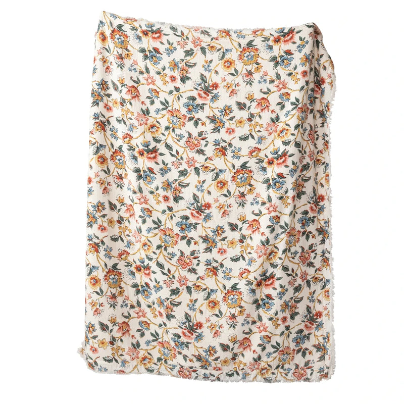 FLORAL COTTON THROW BLANKET WITH SHERPA BACKING & FRINGE