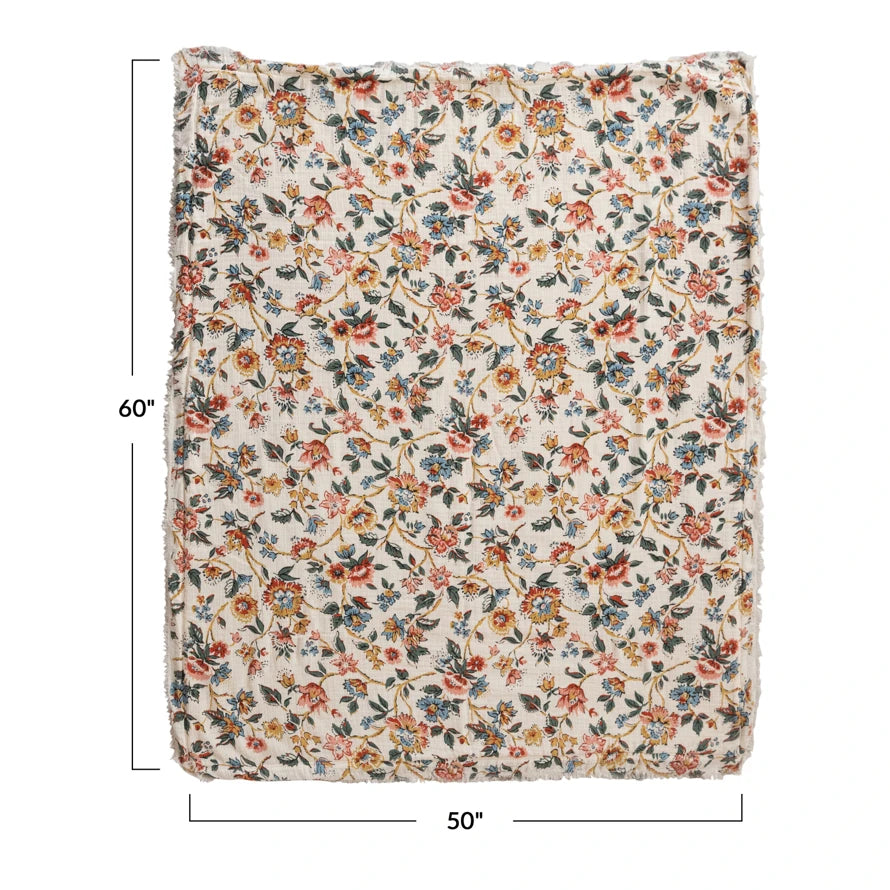 FLORAL COTTON THROW BLANKET WITH SHERPA BACKING & FRINGE
