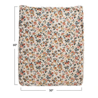 FLORAL COTTON THROW BLANKET WITH SHERPA BACKING & FRINGE