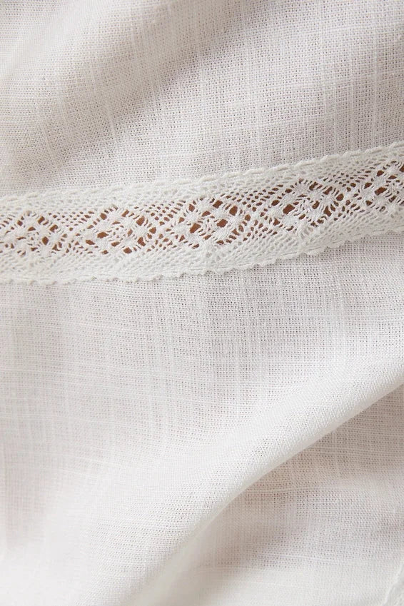 V-neckline tie top with delicate white lace floral trim on linen, womens boho clothes