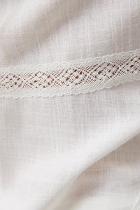 V-neckline tie top with delicate white lace floral trim on linen, womens boho clothes