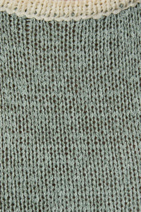 Light green round neck sleeveless knit tank top with cream ribbed neckline