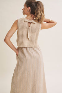 CHUNKY SWEATER GINGHAM STRIPE MIXED MEDIA MIDI DRESS