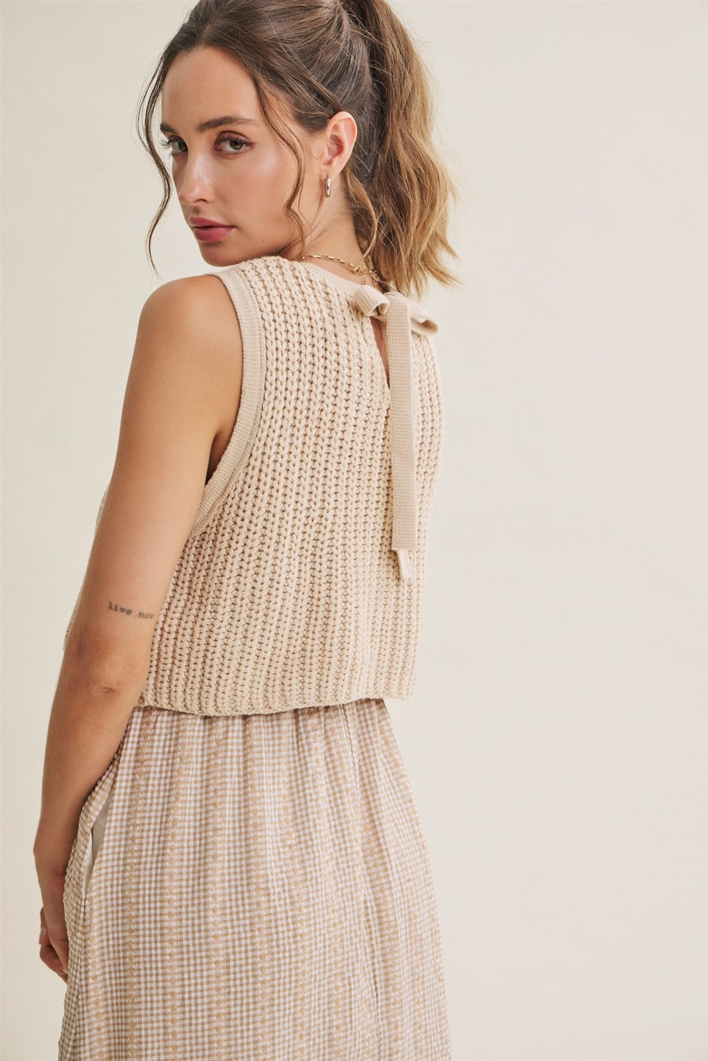 CHUNKY SWEATER GINGHAM STRIPE MIXED MEDIA MIDI DRESS