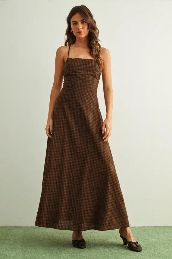 Gingham pattern open back brown maxi dress with spaghetti straps