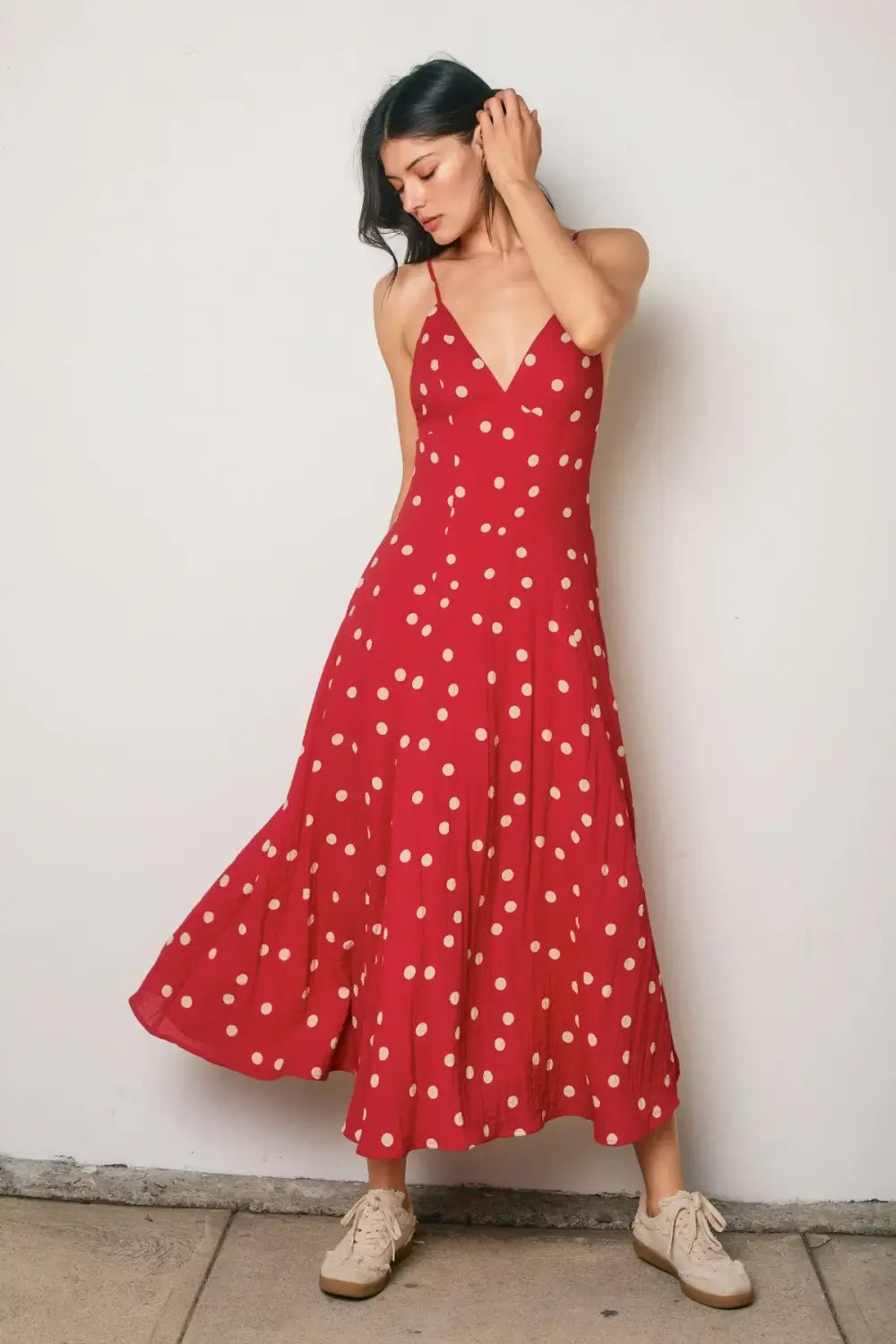 Red polka dot midi dress with spaghetti straps for Valentine’s Day