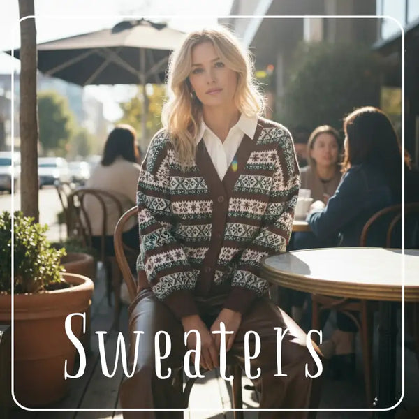 Green and white fair isle sweater with brown trim, likely wool or acrylic blend.