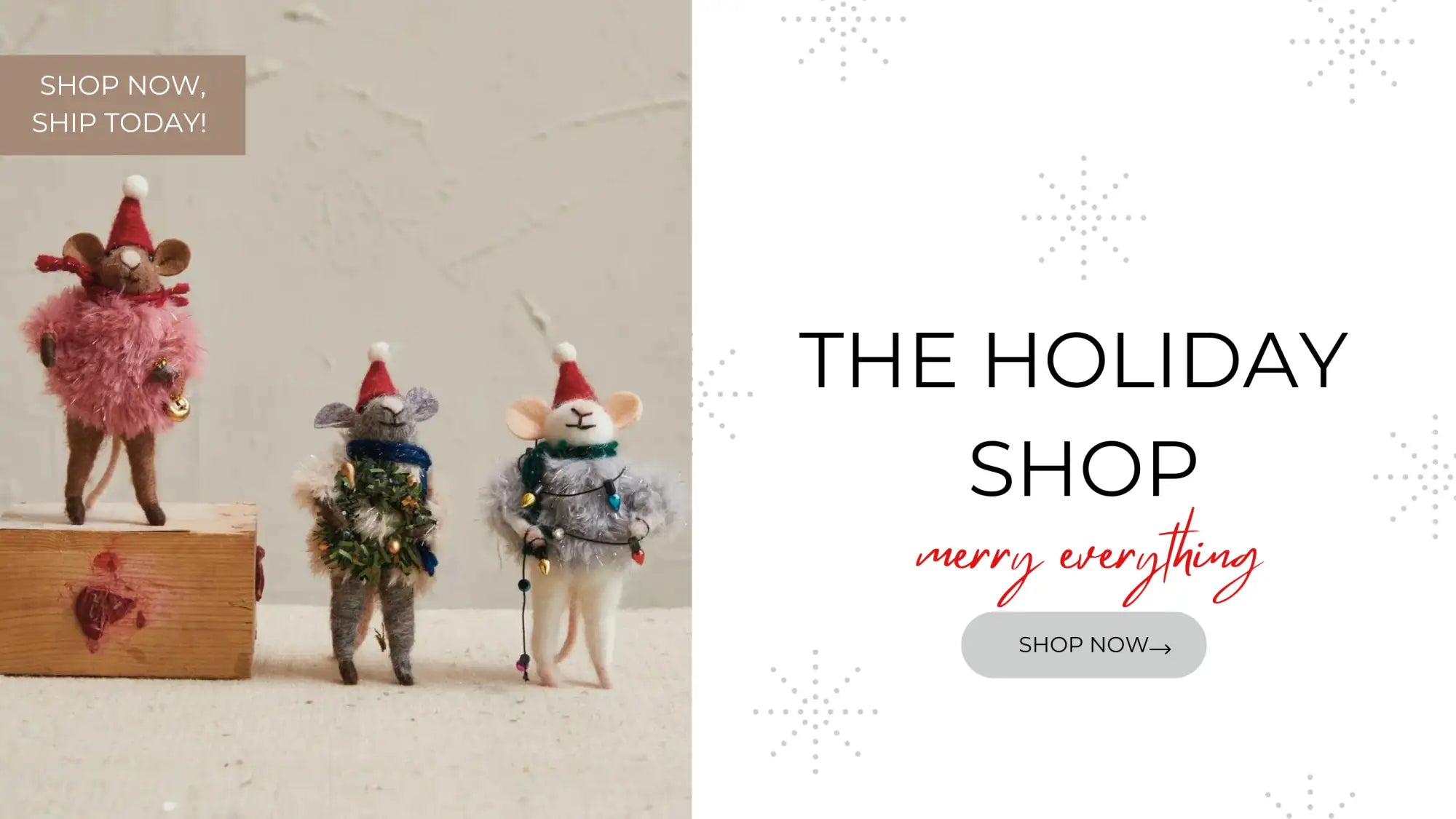 Holiday mouse ornaments with red hats and green scarves, made of felt.