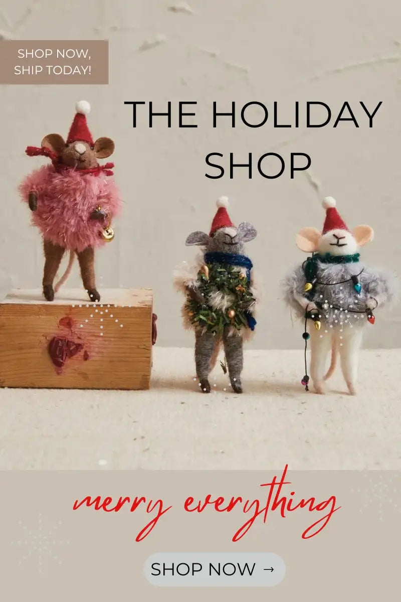 Holiday mouse ornaments set of three, dressed in festive attire with red hats and scarves, made from fabric and yarn.