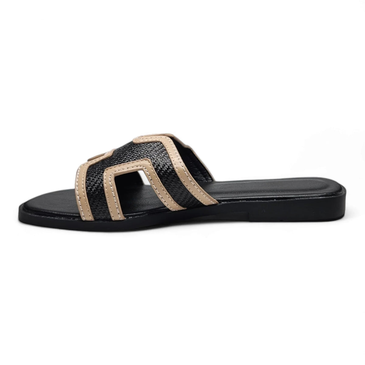 KANSAS H BAND FAUX RAFFIA SLIDE SANDALS