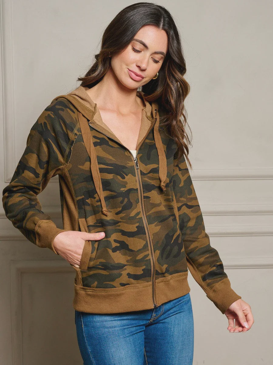 LONG SLEEVE ZIP UP HOODIE CAMO PRINT JACKET