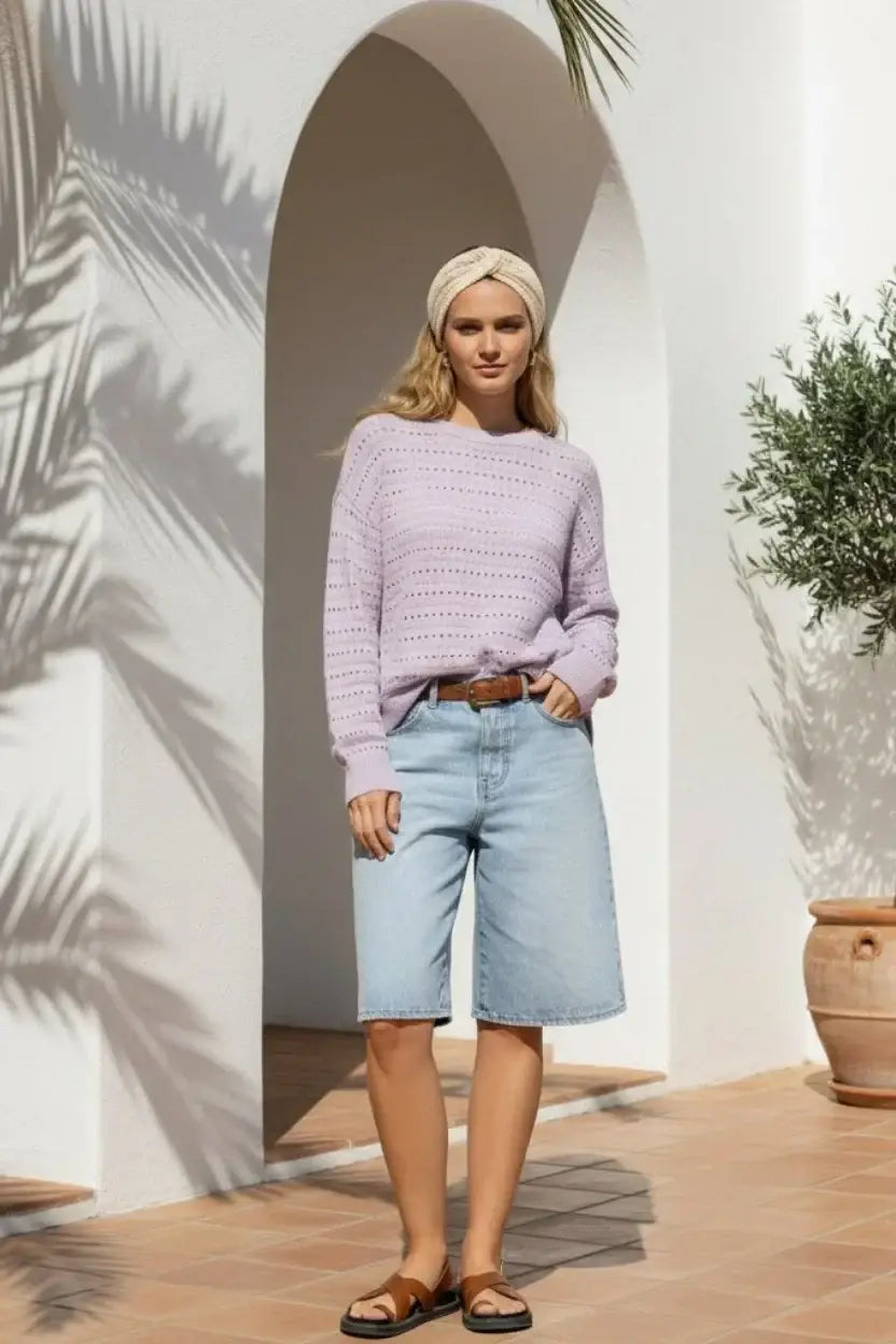Lavender Supply Robin knit sweater with openwork pattern for spring layering