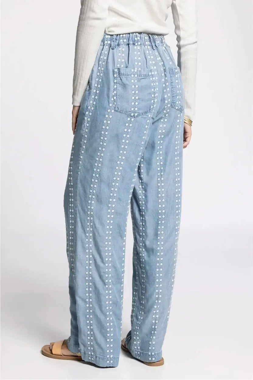 Light blue Thread & Supply Natalia pants with white dot embroidery