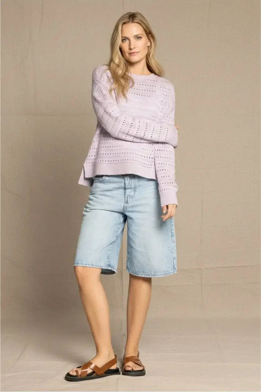 Light purple robin sweater with perforated pattern and flared hem