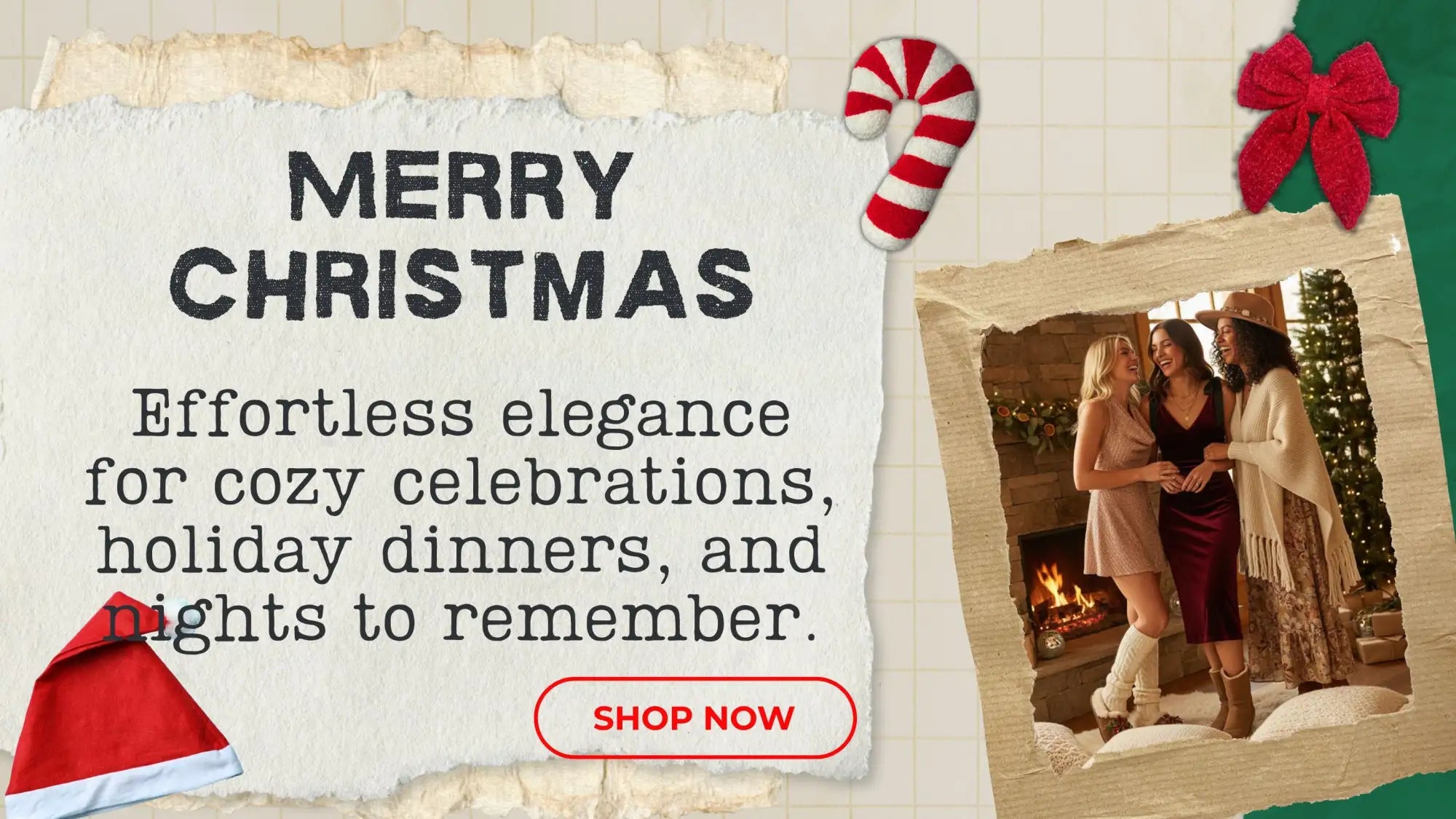 Merry christmas banner with torn paper edges, festive red and white candy cane and bow accents.