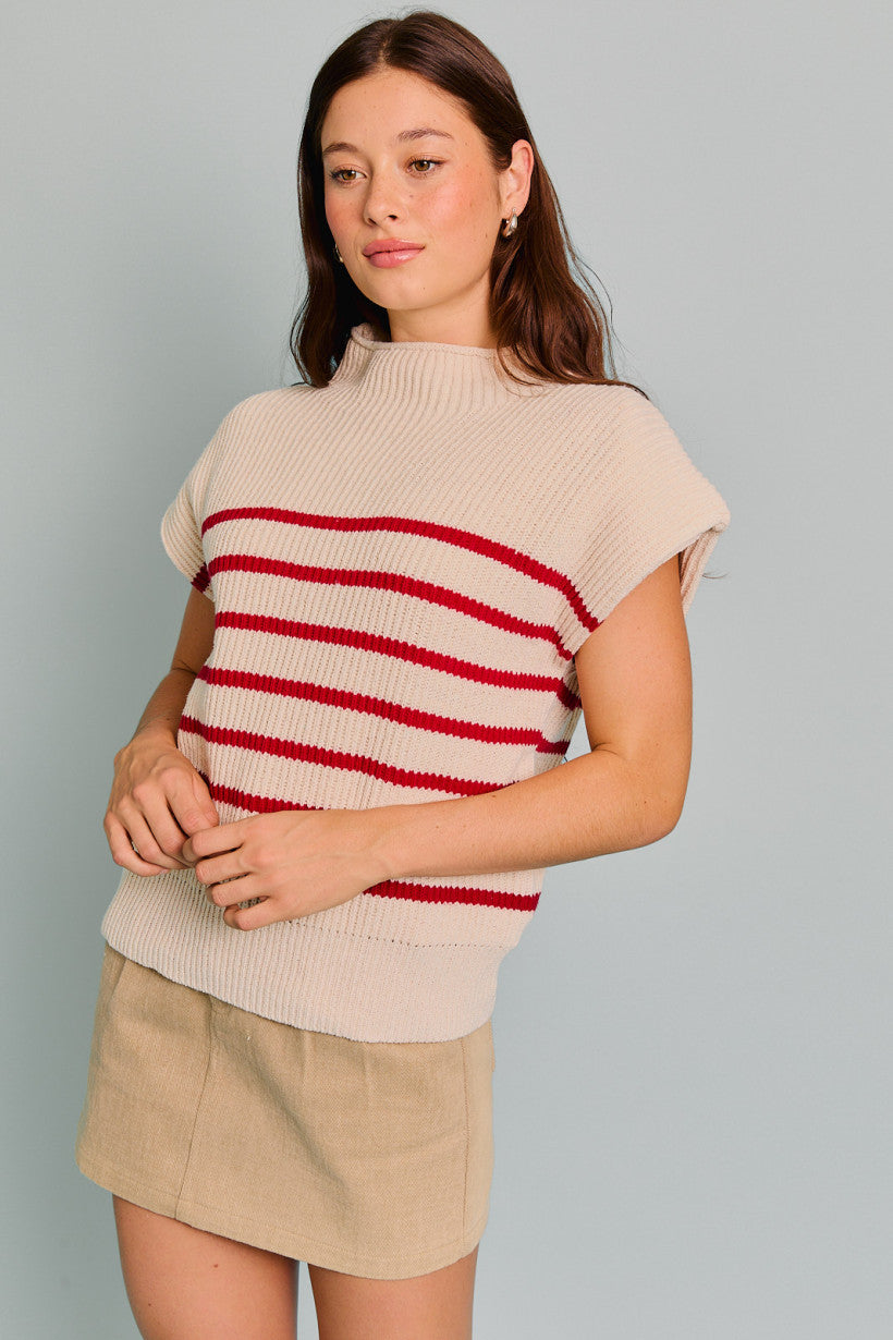 TURTLE NECK POWER SHOULDER STRIPE SWEATER VEST