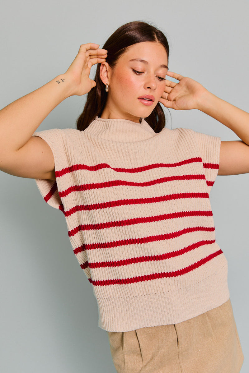 TURTLE NECK POWER SHOULDER STRIPE SWEATER VEST